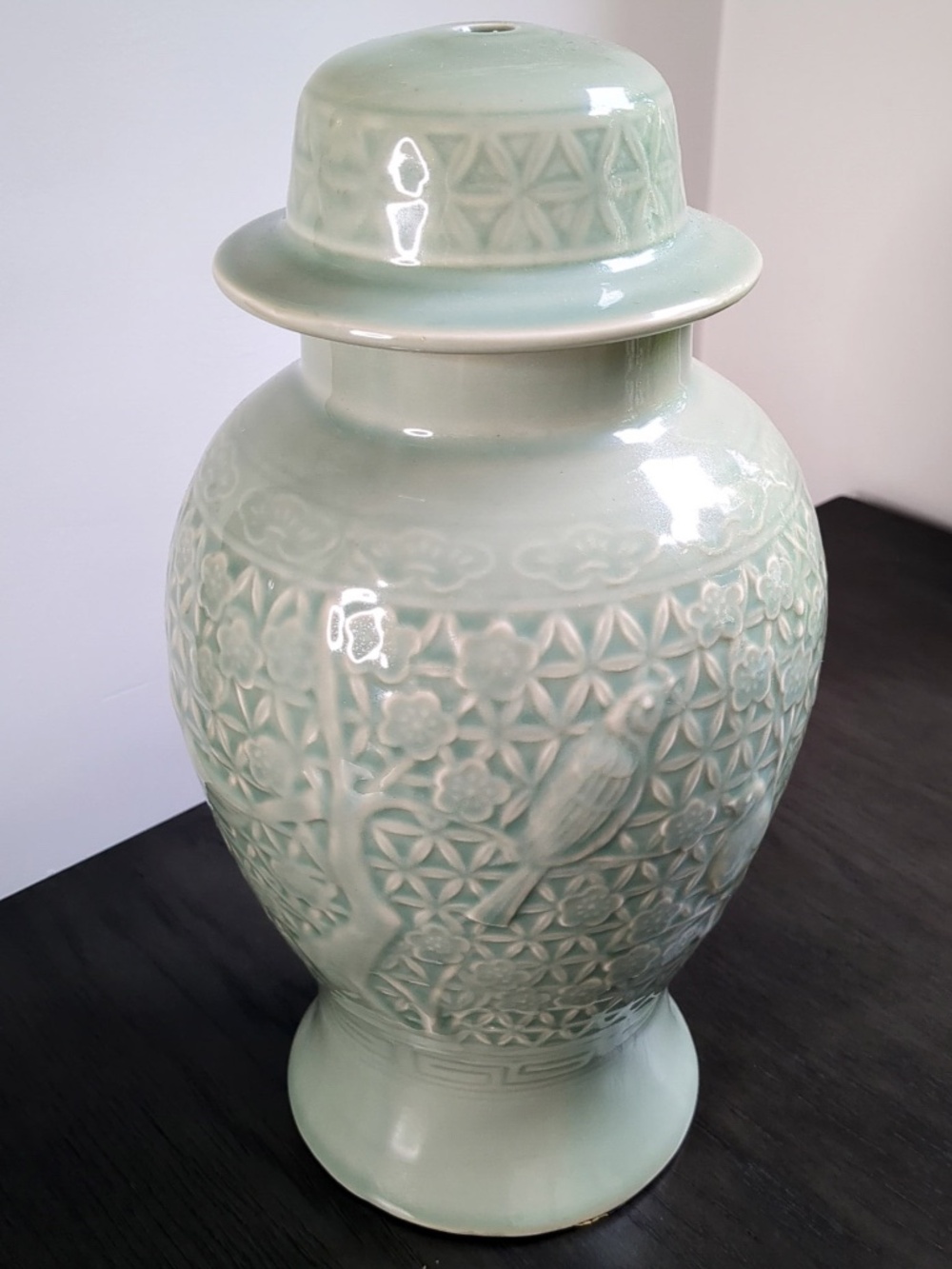 Wildwood Home Celadon Glazed Ginger Jar Lamp Base w/ Floral Fauna Engraving - Picture 2 of 13